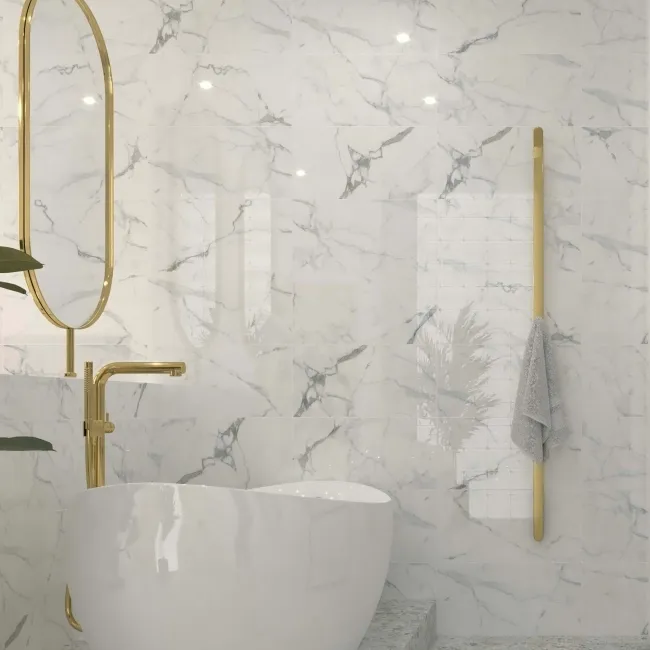 Carrera White Marble Effect Polished Porcelain Wall and Floor Tile