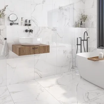 Carrara White Gloss Marble Effect Rectified Vitrified Ceramic Floor Tile